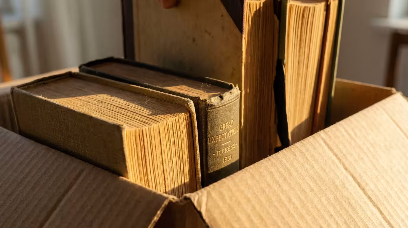 Macro photo of old books being put into a cardboard box during golden hour.