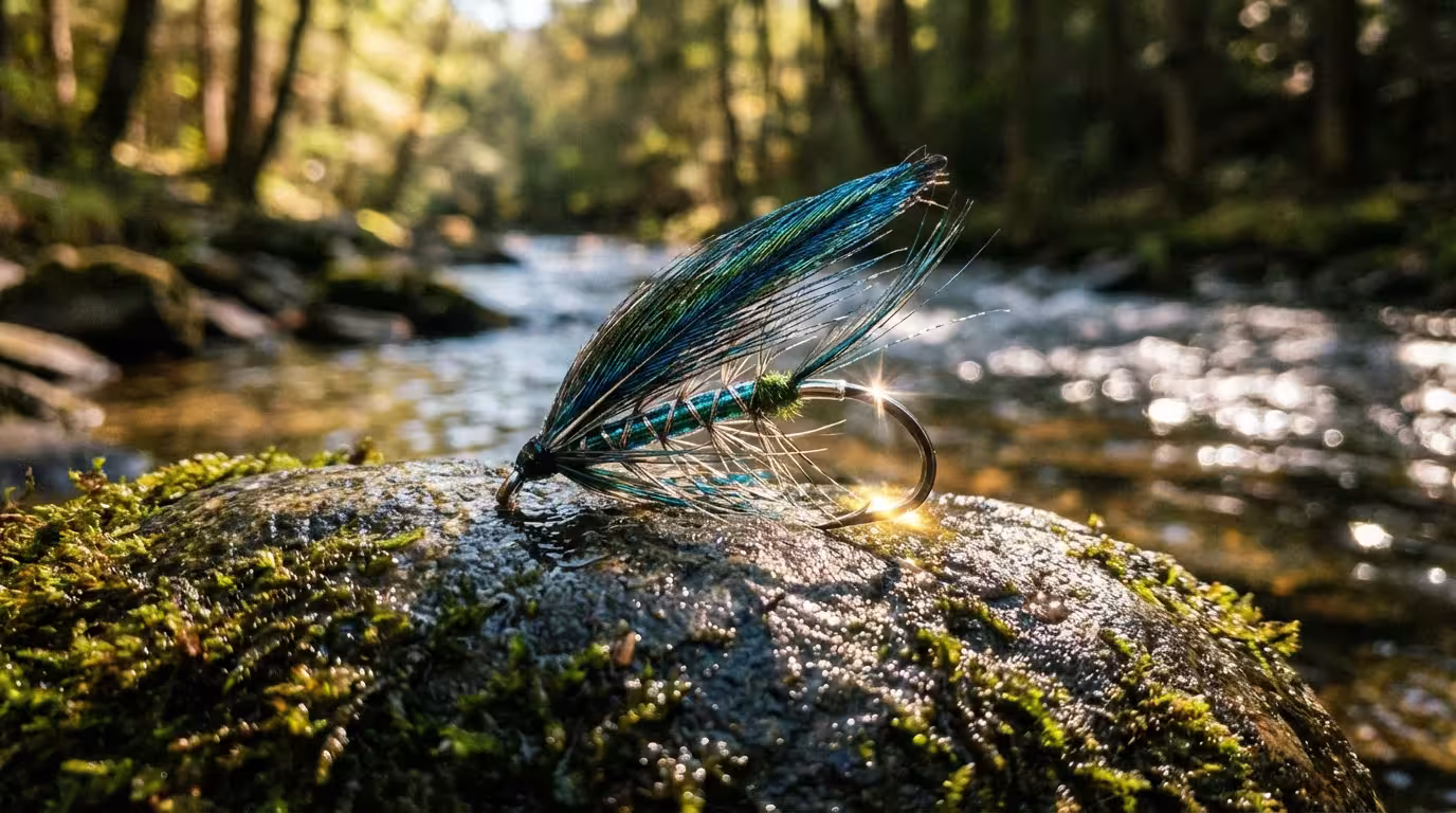 Macro photograph of a detailed, hand-tied fly fishing lure on a mossy riverside rock.