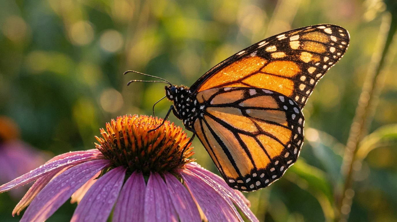 Macro photograph of a monarch butterfly on a purple coneflower at golden hour.
