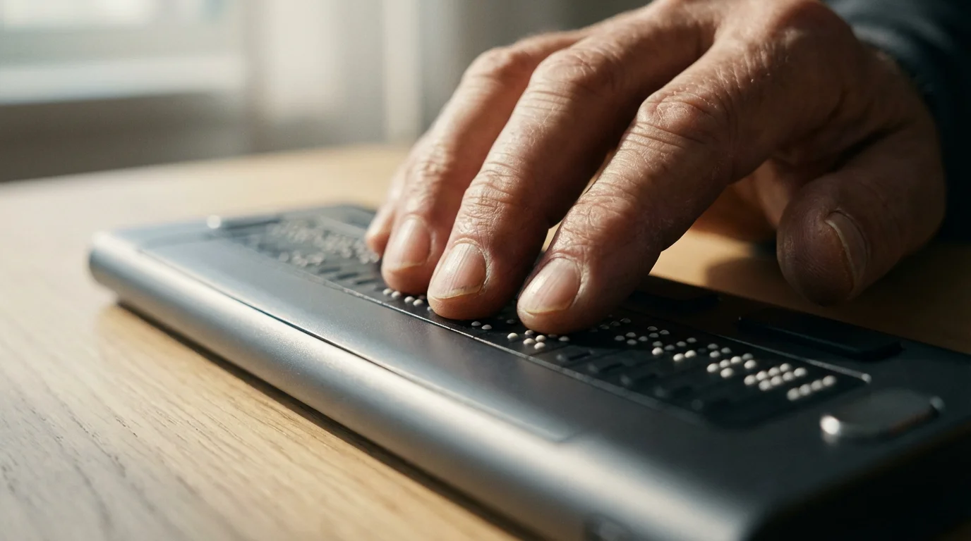 Macro photograph of a senior's hand reading a modern electronic braille reader display.