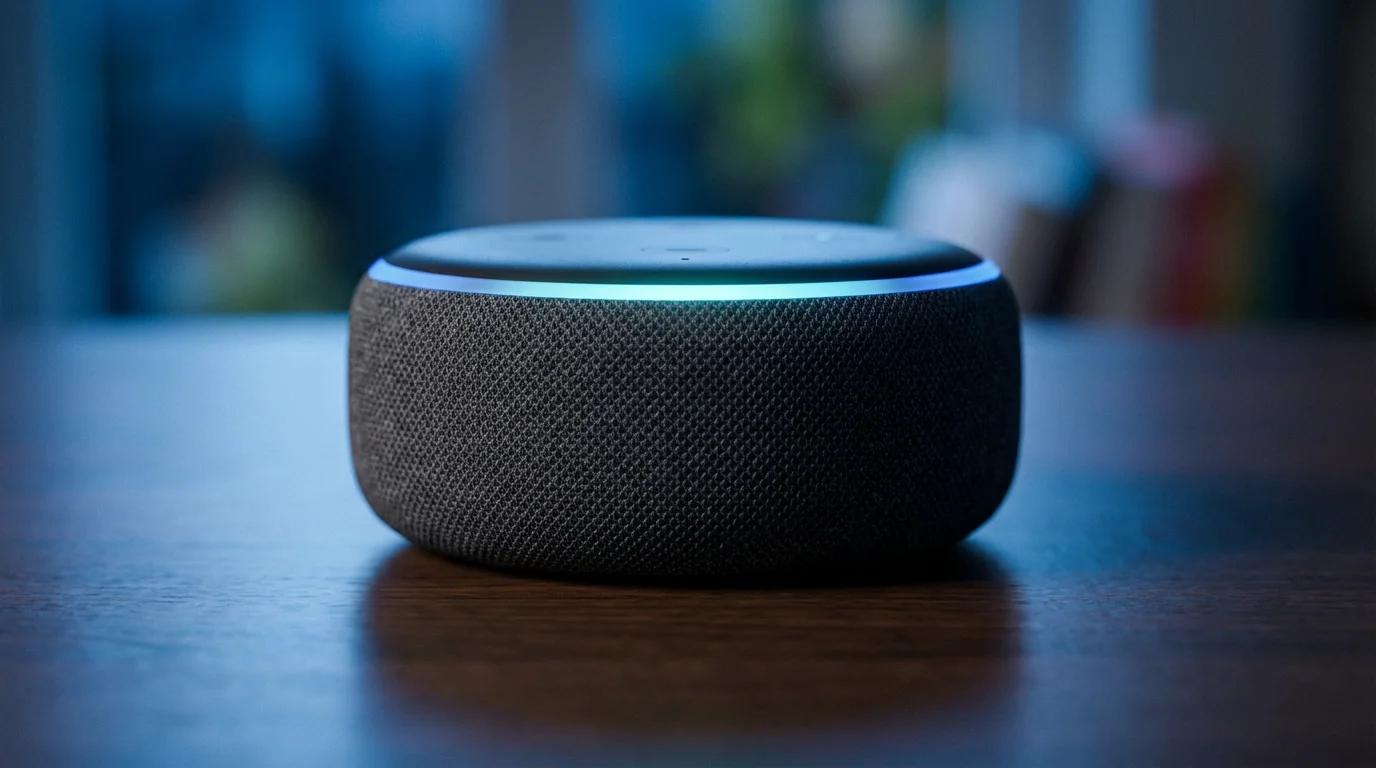 Macro photograph of a smart speaker's glowing blue light ring during evening blue hour.