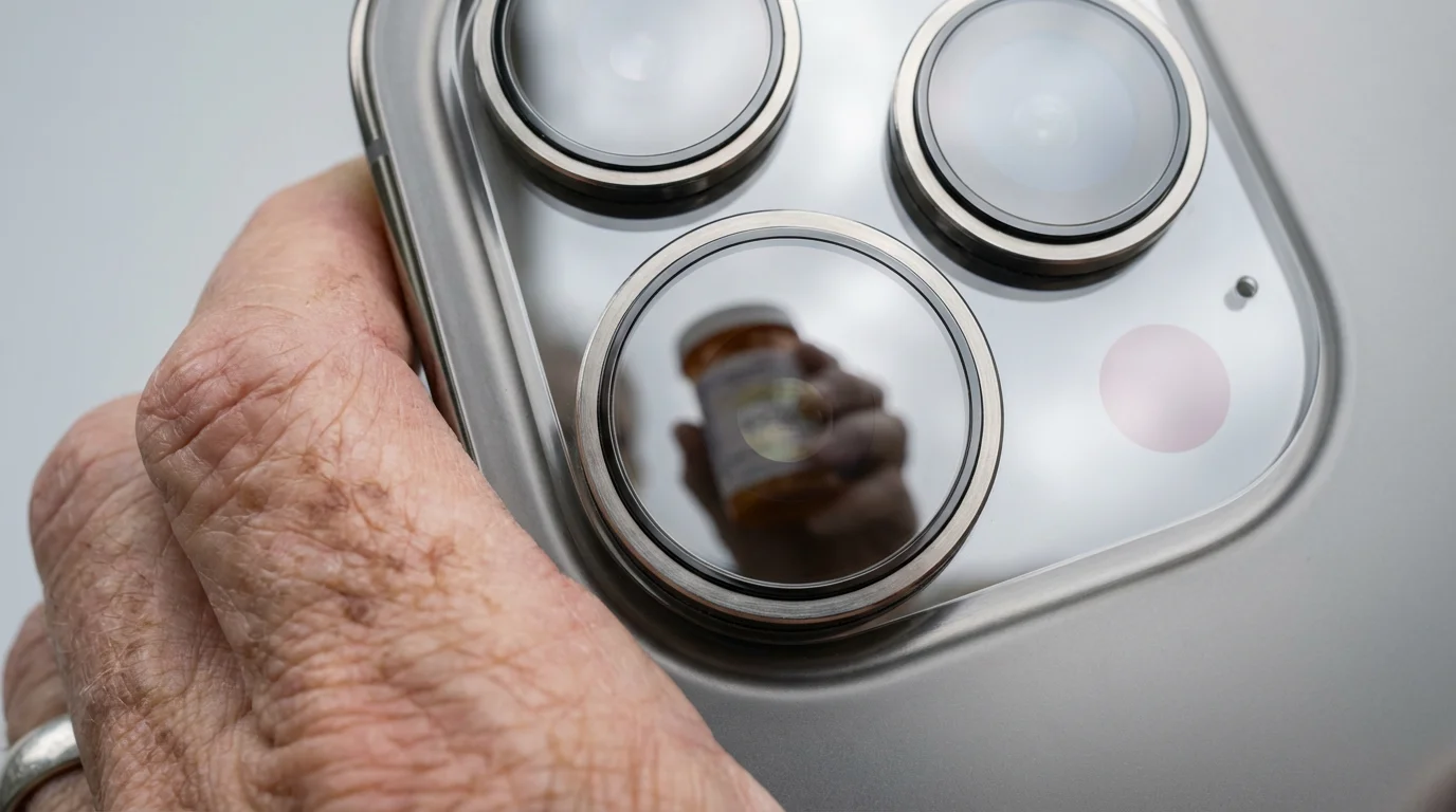 Macro photograph of a smartphone's camera lens reflecting a hand holding a pill bottle.