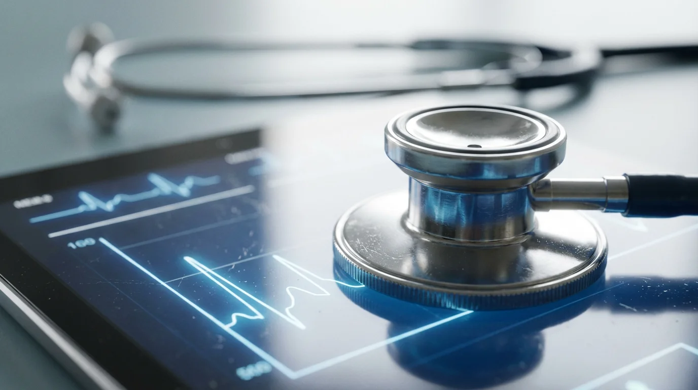 Macro photograph of a stethoscope diaphragm on a tablet screen showing health data.