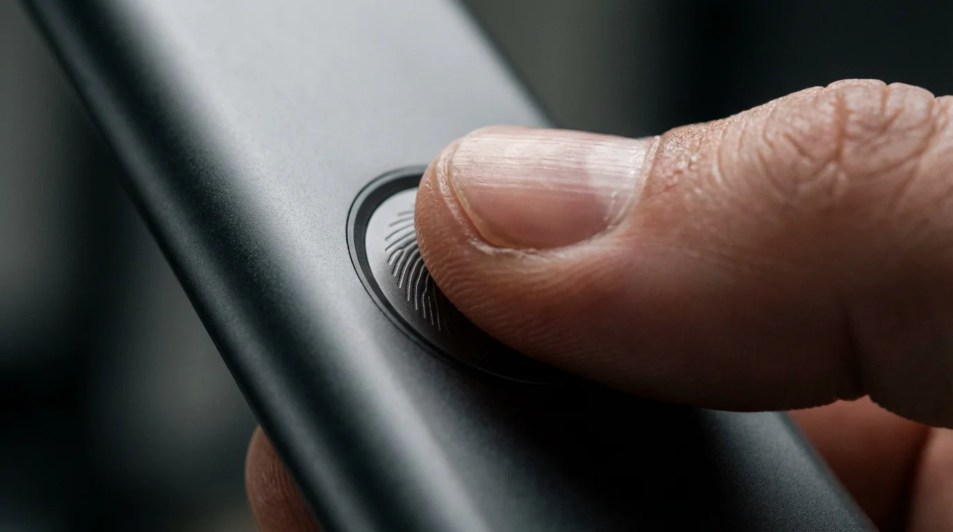 Macro photograph of a thumb using a biometric fingerprint scanner on a secure device.