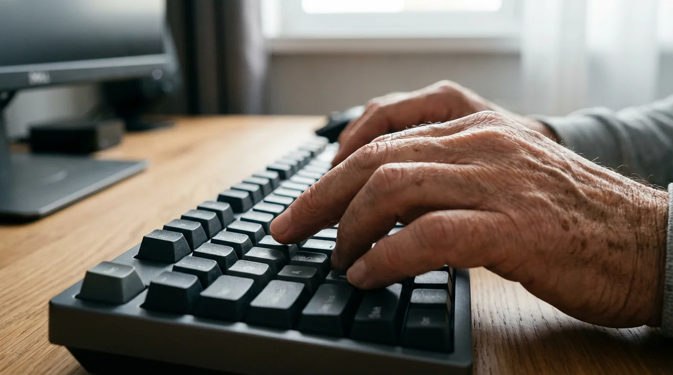 Macro photograph of senior hands with wrinkles typing on a modern computer keyboard.