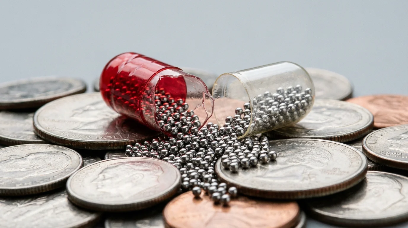 Macro shot of a broken pill capsule spilling its contents onto a pile of coins.