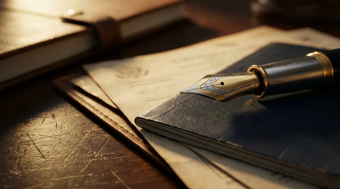 Macro shot of a fountain pen and passport for digital nomad retirement planning.