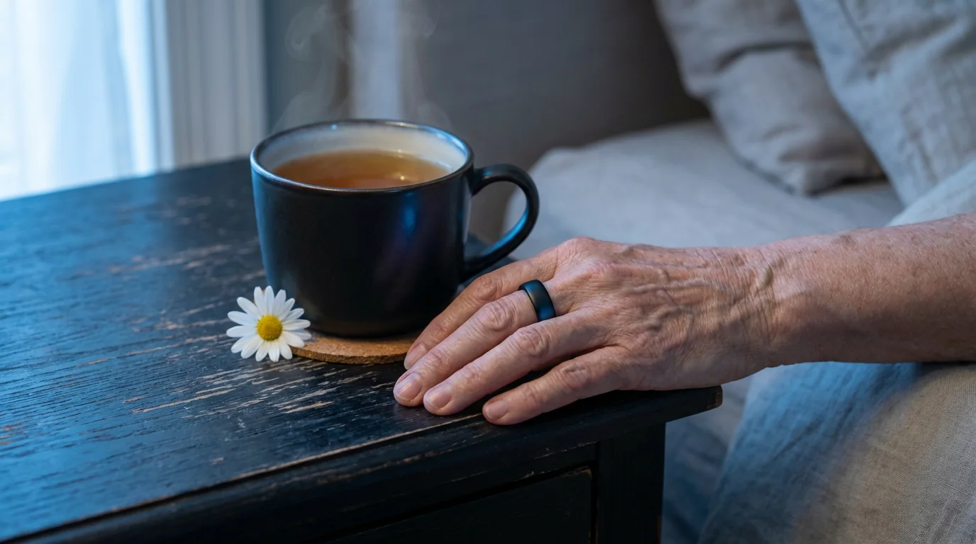 Macro shot of a hand with a sleep tracker ring beside a herbal tea.