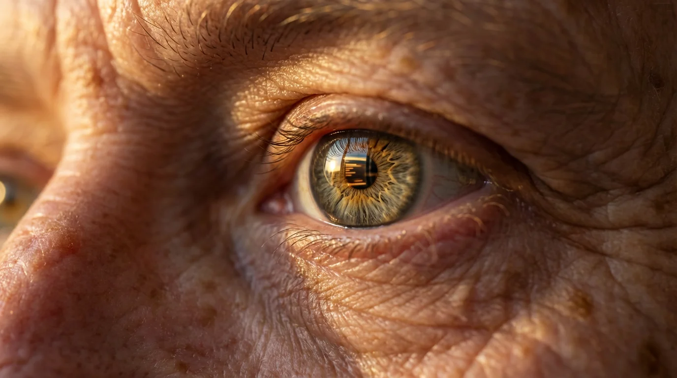 Macro shot of a senior's eye reflecting a computer screen, showing online security awareness.