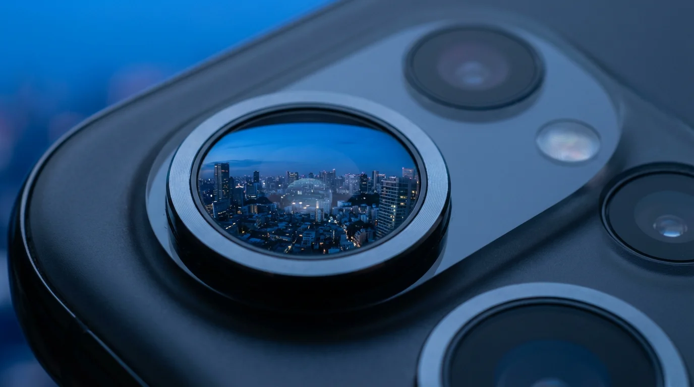 Macro shot of a smartphone camera lens reflecting a vibrant city skyline at dusk.