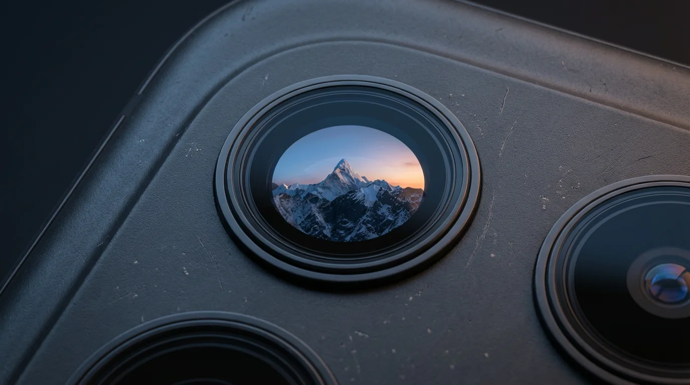 Macro shot of a smartphone camera lens reflecting a majestic mountain range at twilight.