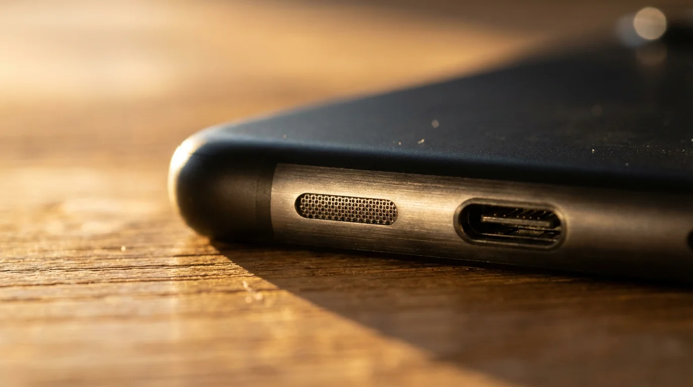 Macro shot of a smartphone's microphone and charging port during golden hour.