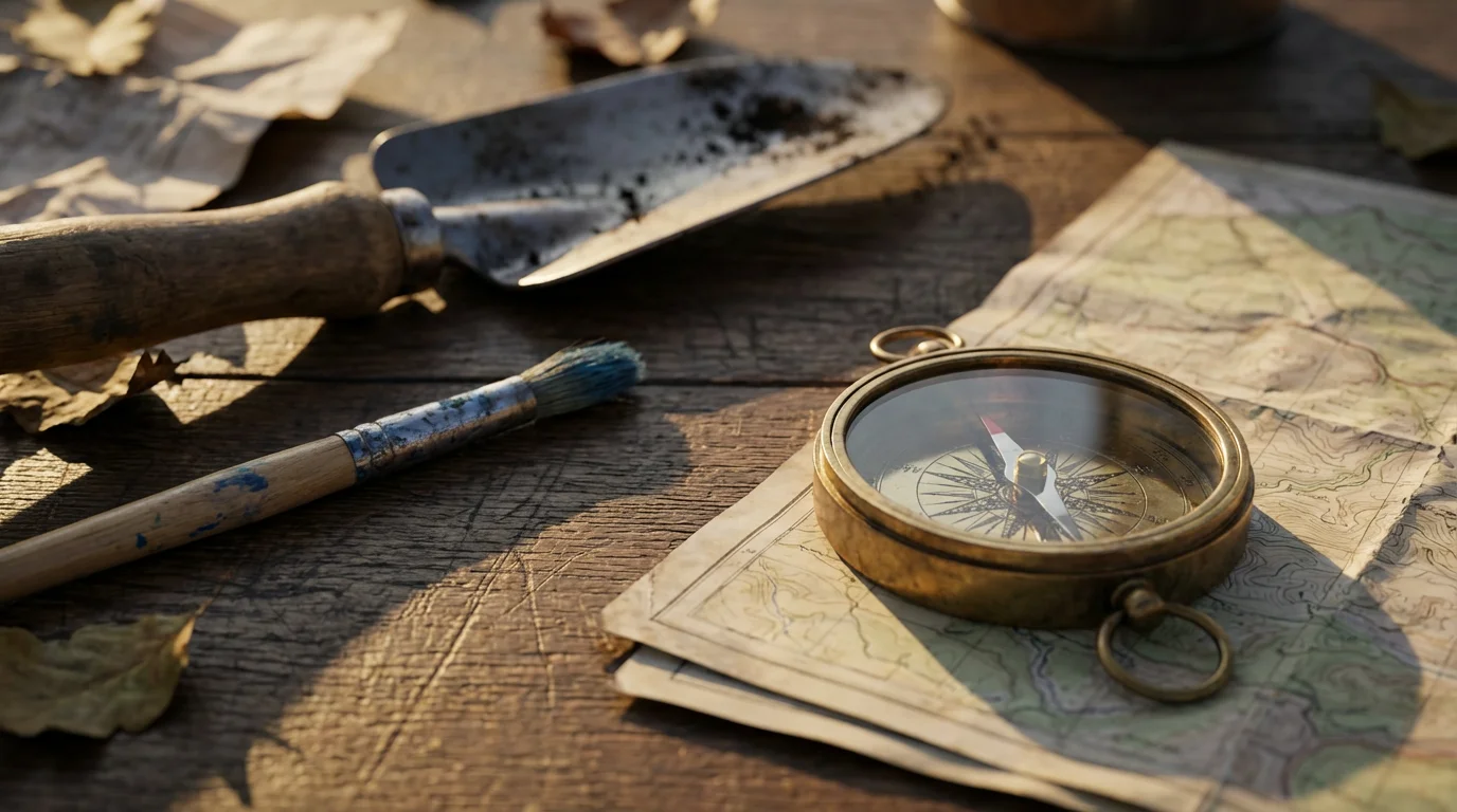 Macro shot of aspirational retirement objects like a compass and map on a table.