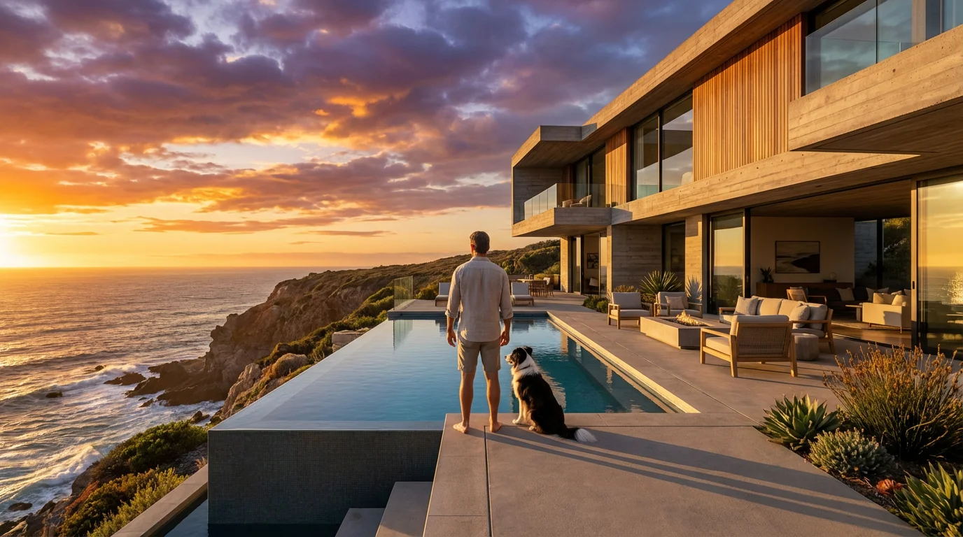 Man and dog watching the sunset from a luxury home's poolside patio.