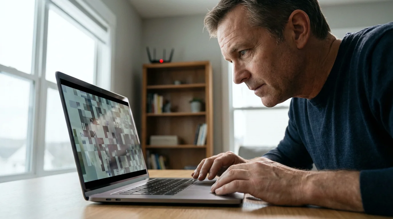 Man calmly troubleshooting a frozen, pixelated video call on his laptop in a sunlit room.