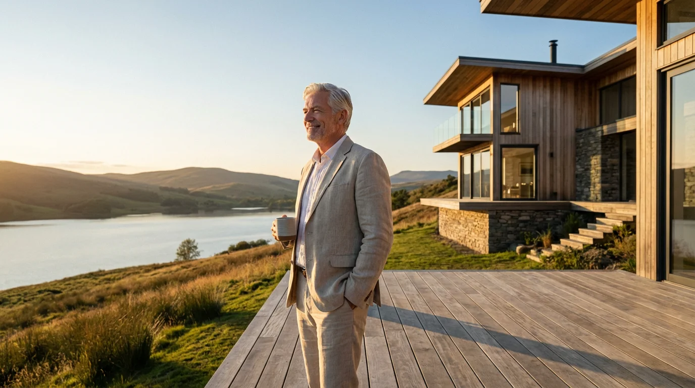 Man enjoying a peaceful sunset from his modern deck overlooking a lake, symbolizing retirement.
