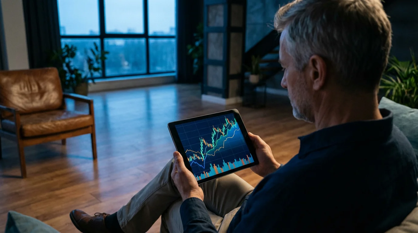 Man from behind reviewing complex financial charts on a digital tablet during blue hour.