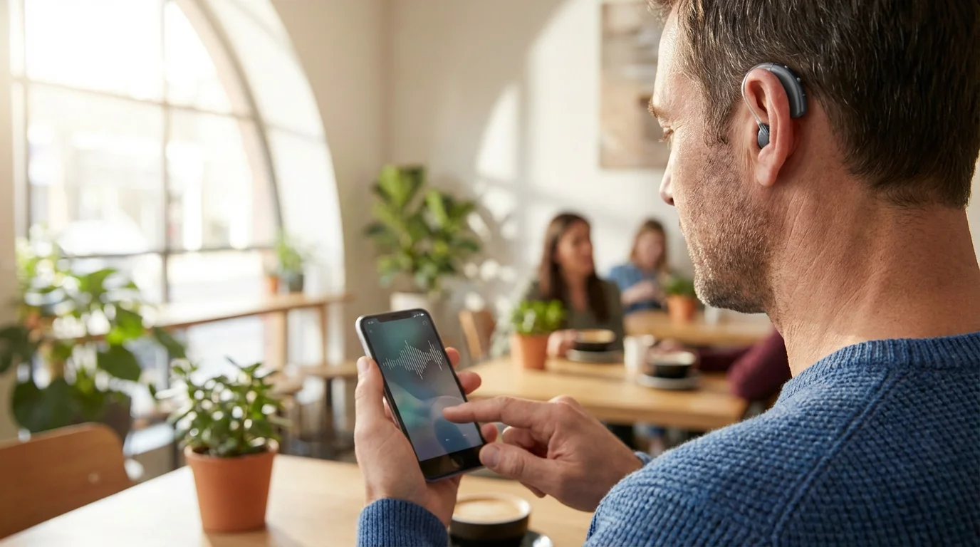 Man in a cafe adjusting his modern, discrete hearing aid with a smartphone app.