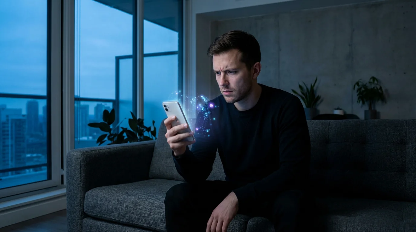 Man in a dimly lit room using a smartphone to view abstract medical data.