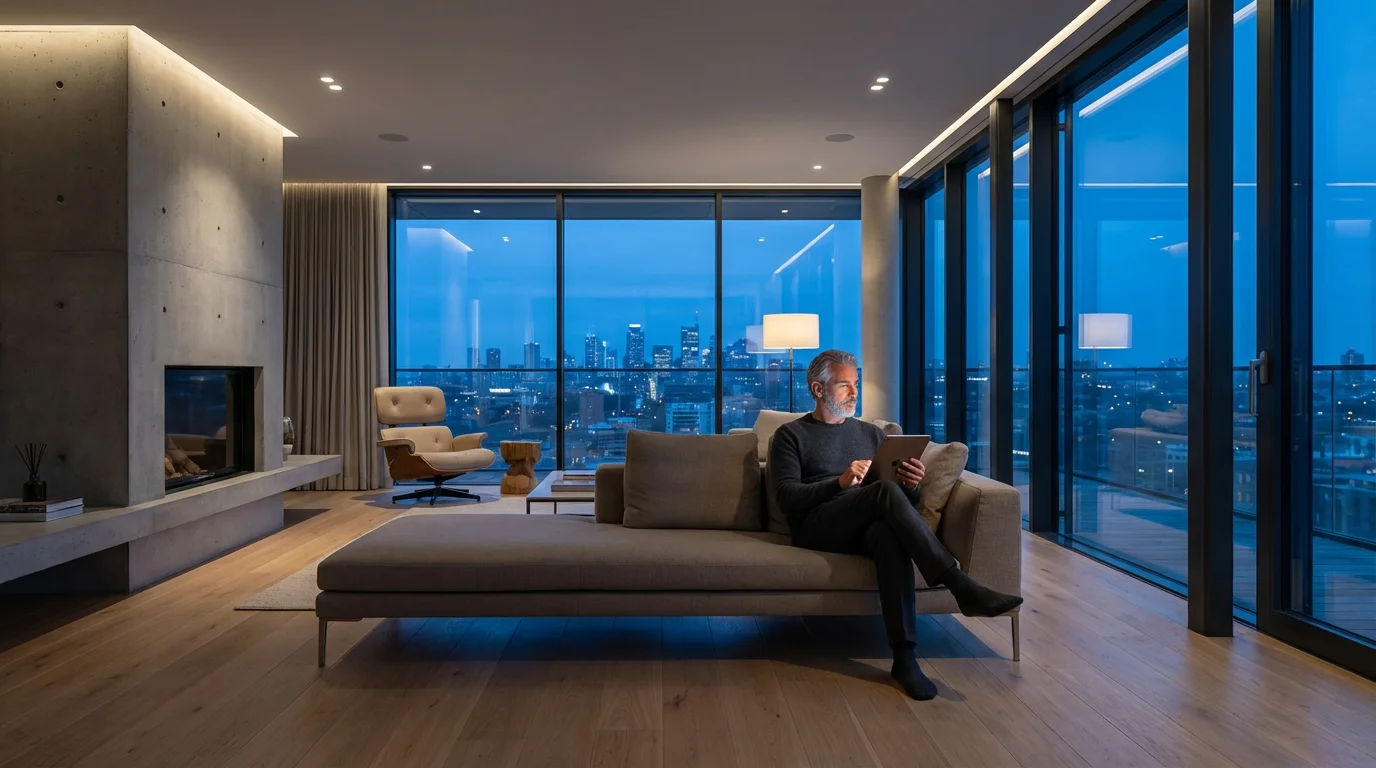 Man in a modern apartment at dusk, thoughtfully using a tablet for mental health support.