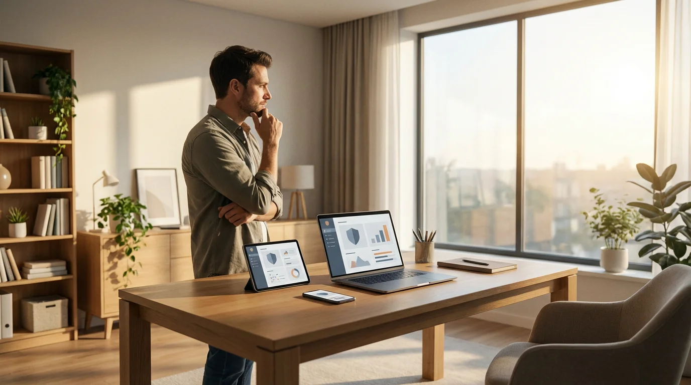 Man in a modern home office reviewing digital security across his laptop and phone.