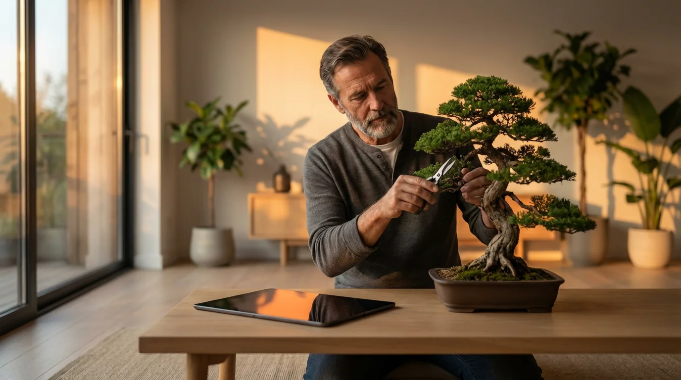 Man in a sunlit room tending to a bonsai tree next to a tablet.