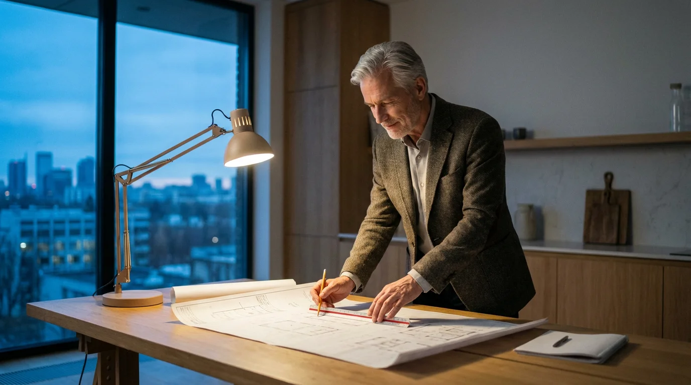 Man in his 60s in a modern study planning his future with architectural blueprints.