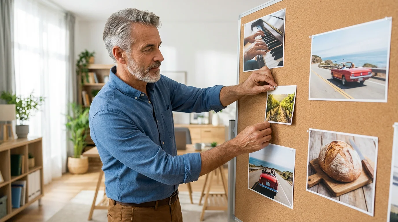 Man in his 60s pinning a photo to a physical retirement vision board.
