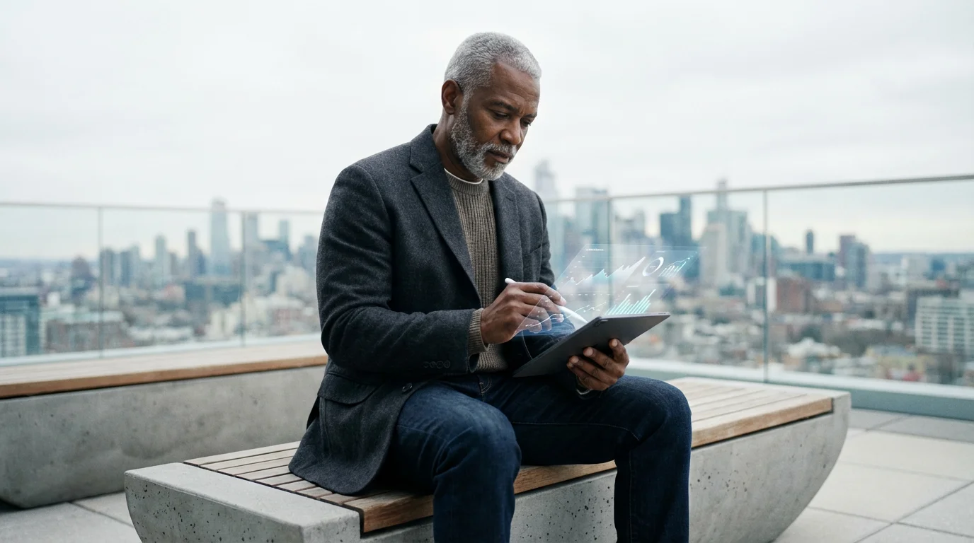 Man in his 60s sitting on a rooftop terrace, using a tablet for finances.