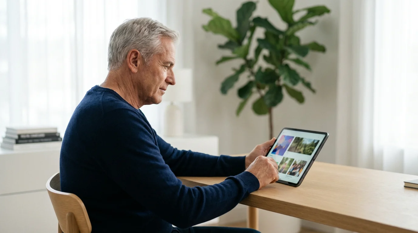 Man in his 60s using a tablet for online charitable giving at home.