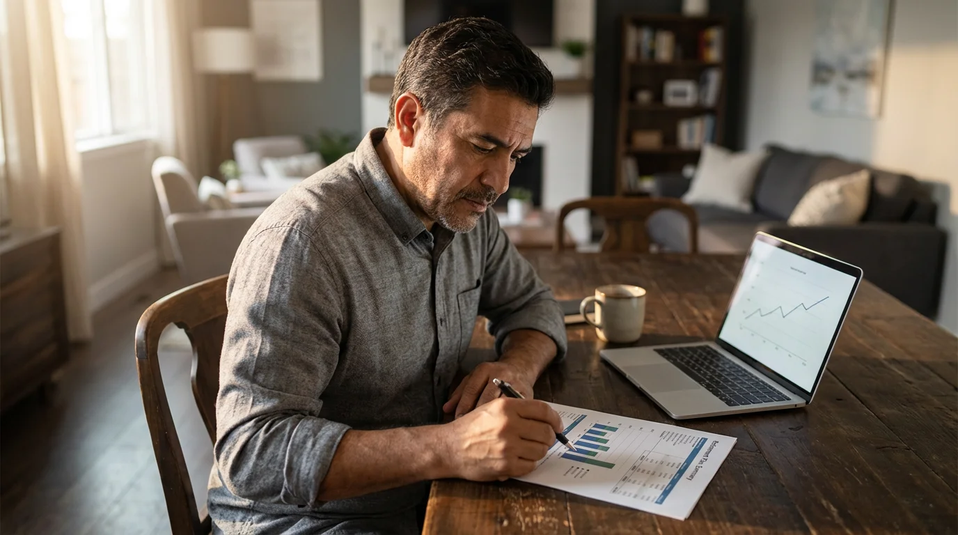 Man in his late 30s at a dining table reviewing employer-sponsored retirement plan documents.