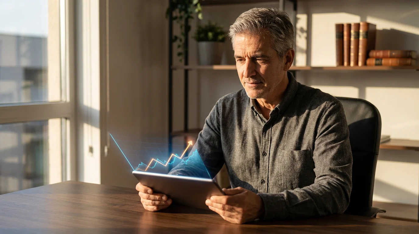 Man in his late 50s confidently reviewing financial graphs on a tablet for retirement.