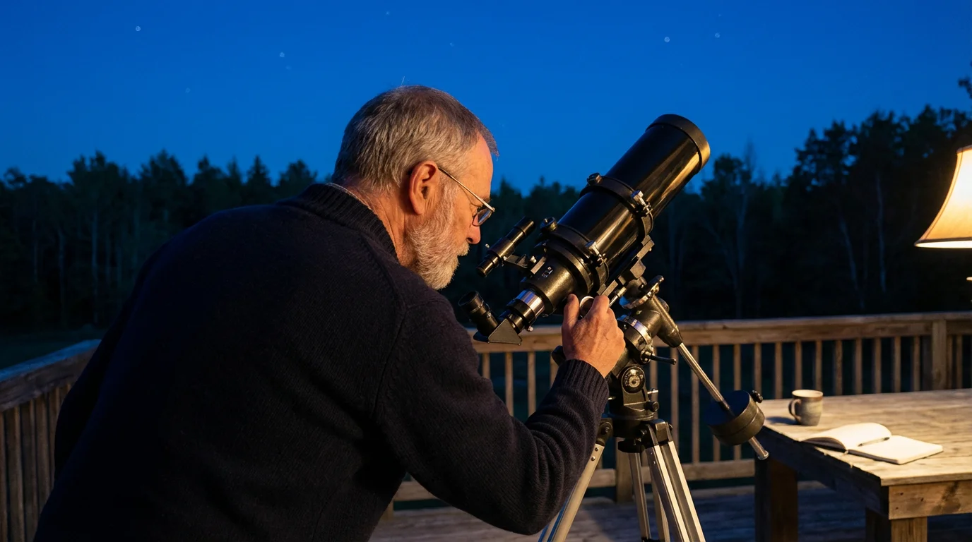 Man in his late sixties setting up a modern telescope on a deck at dusk.