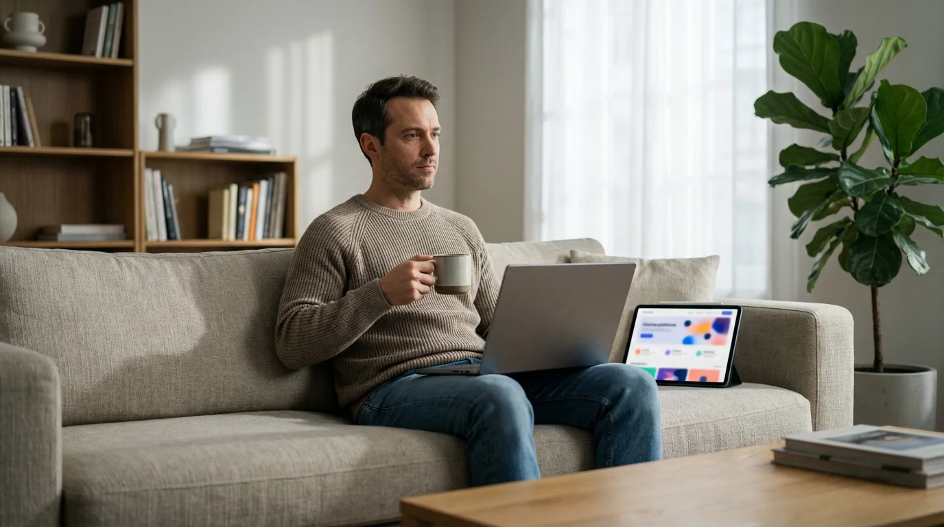 Man on a sofa with a laptop and tablet, comparing different online learning platforms.