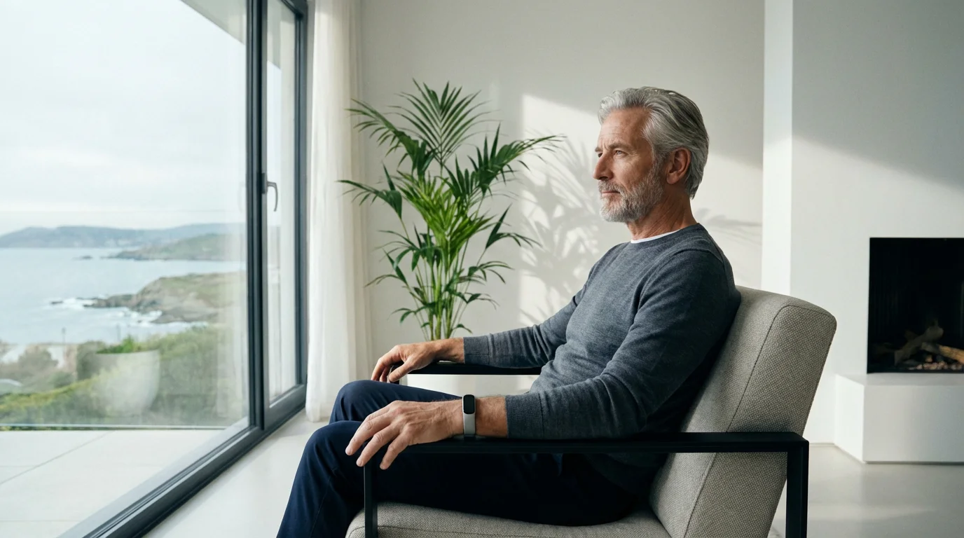 Man resting in a chair at home while monitoring heart health on an activity tracker.