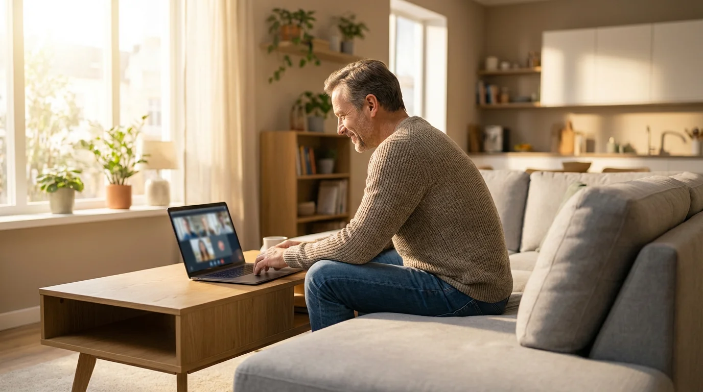 Man sitting on a sofa in a bright living room using a laptop for telehealth.