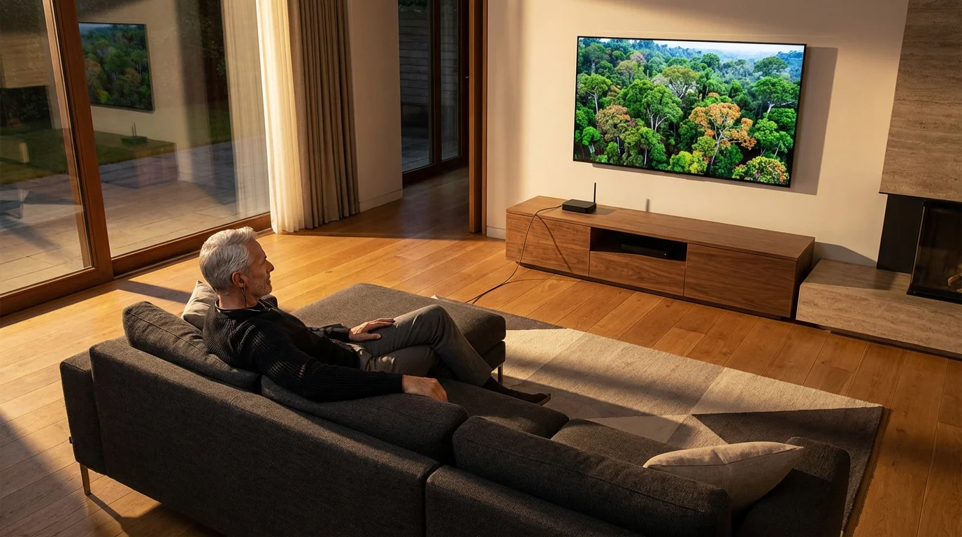 Man using an assistive listening device to watch television in a modern living room.