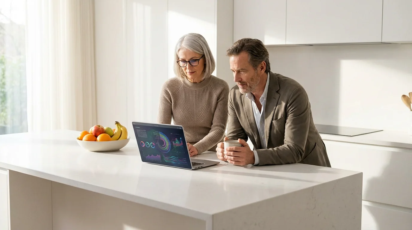 Mature couple at a kitchen island using a laptop to research policy options.
