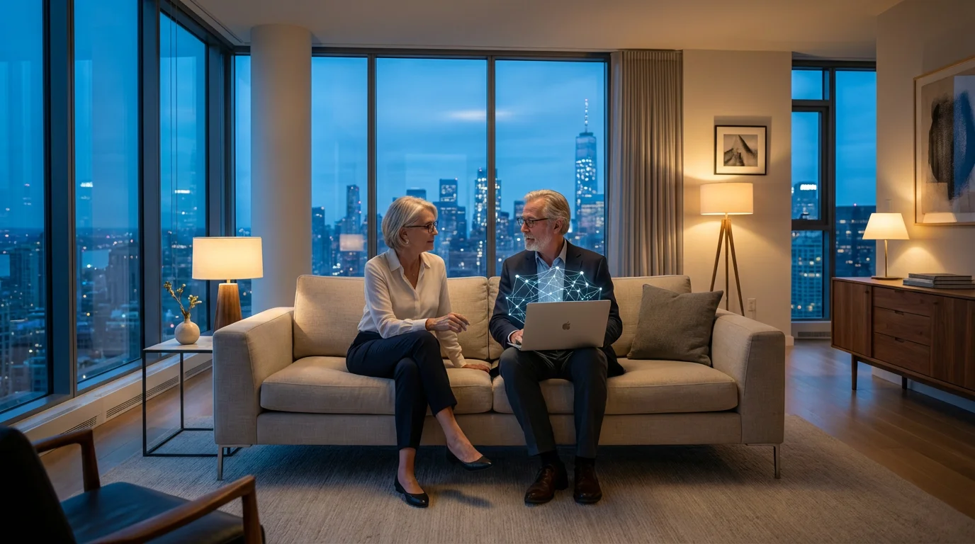 Mature couple discusses digital asset investments on a laptop in their modern city apartment.