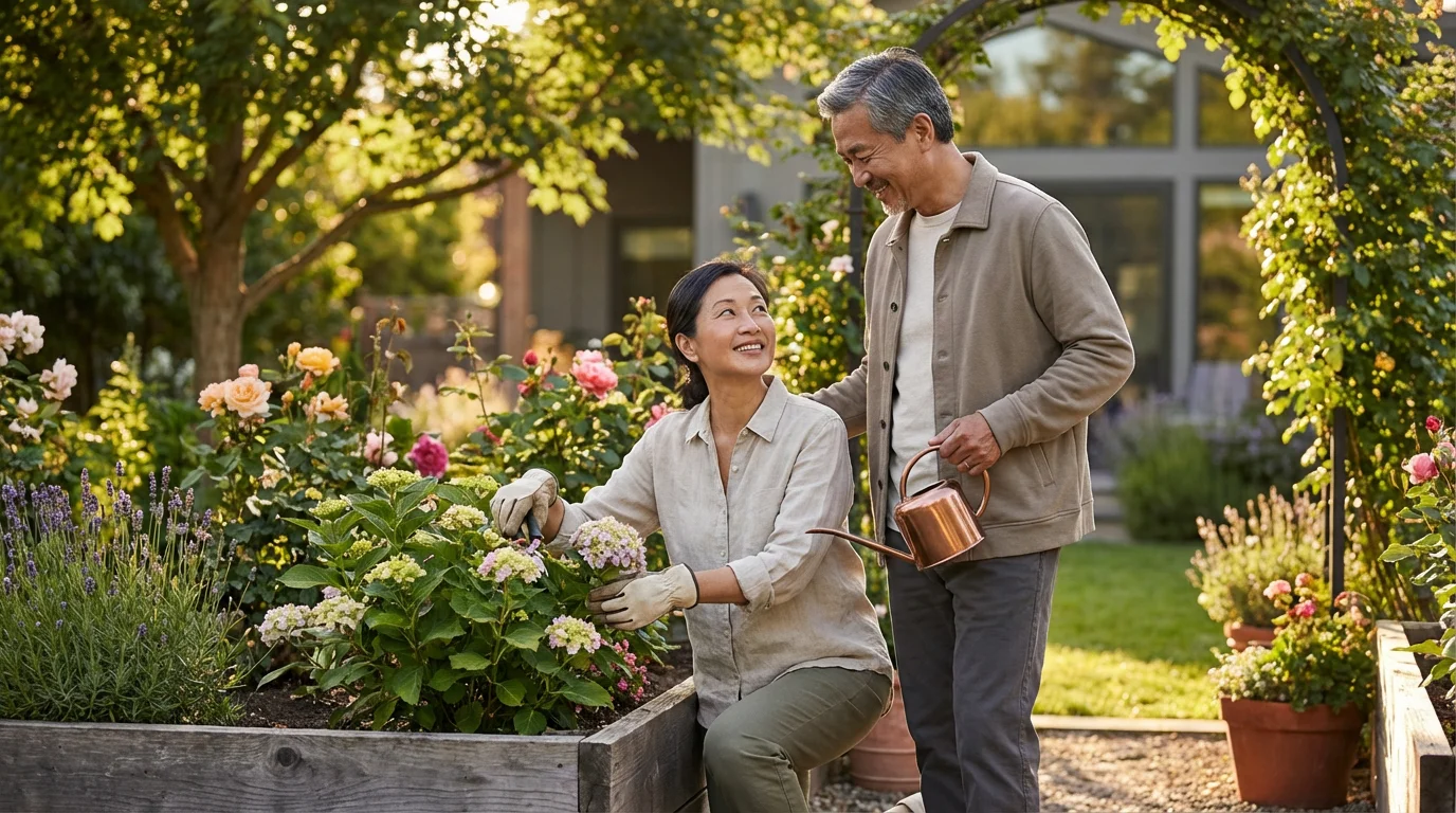 Mature couple gardening together in their lush backyard during a warm, golden hour sunset.