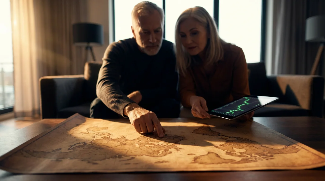 Mature couple planning their digital nomad retirement journey using a large world map.