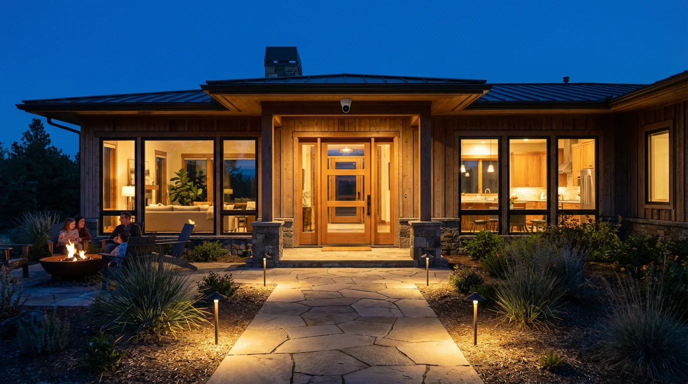 Modern home exterior at dusk with smart security camera and illuminated pathway lights.