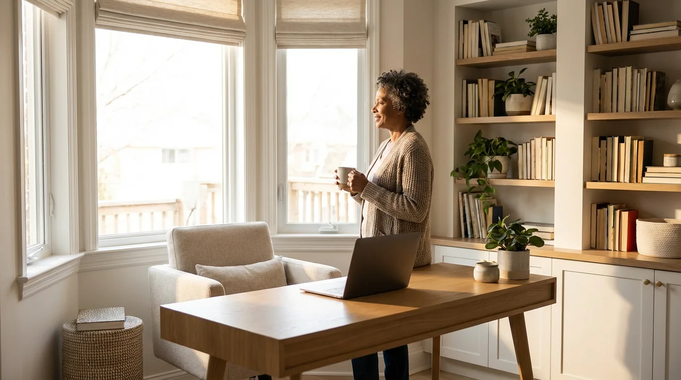 Older Black woman smiling peacefully in a sunlit home office after a virtual therapy session.