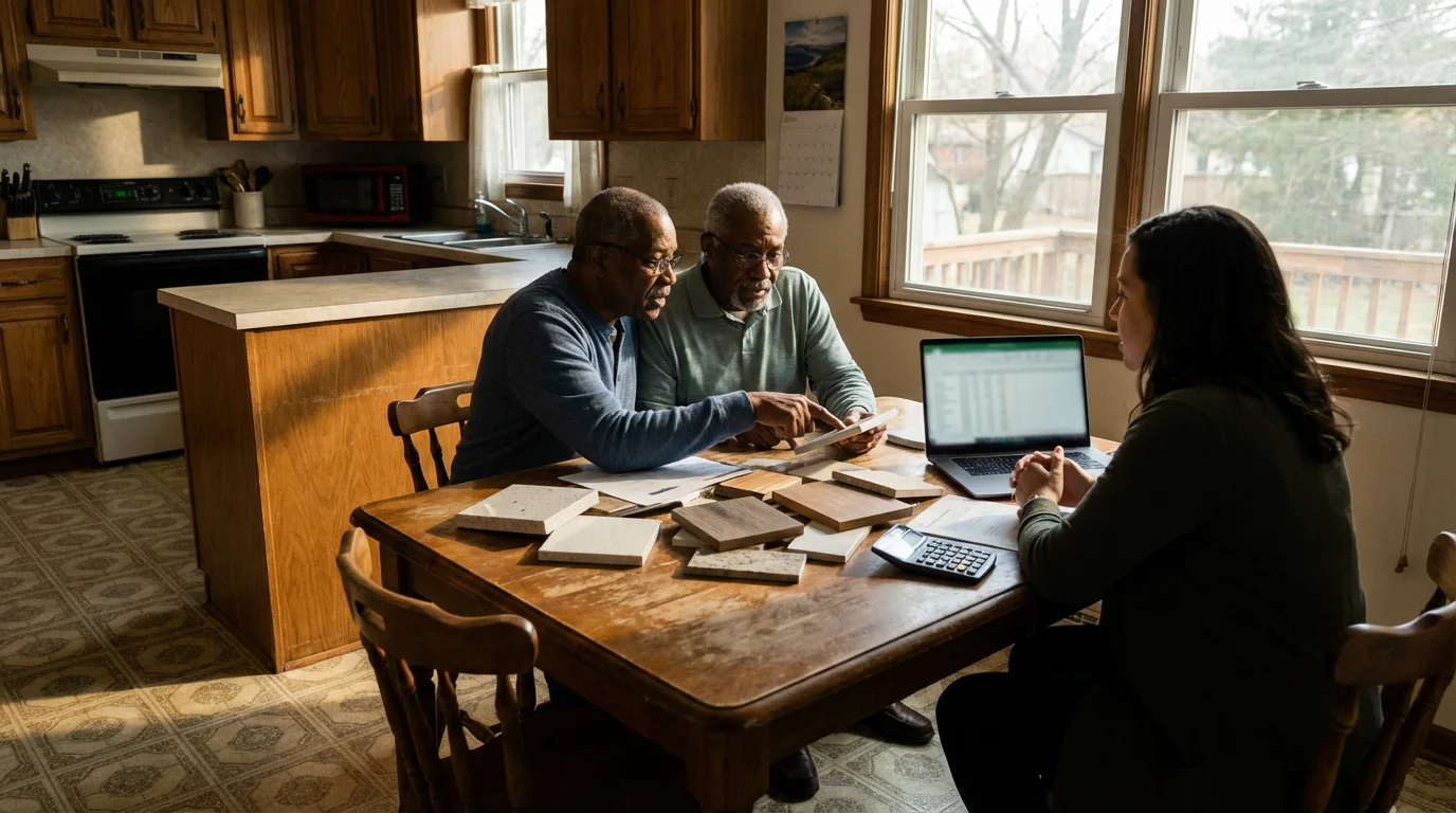 Older couple plans kitchen renovation budget with a designer, surrounded by material samples.