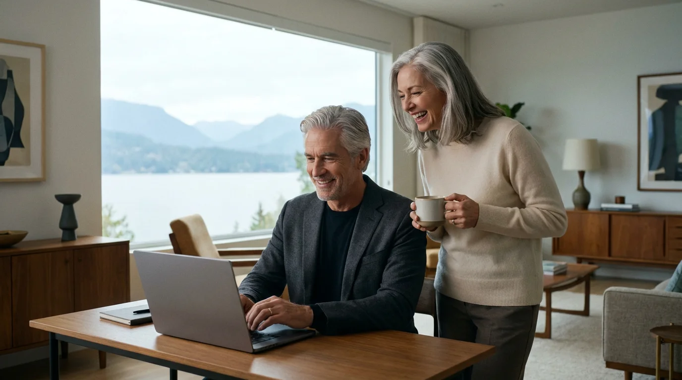 Older couple working on a laptop in a modern apartment with a scenic mountain lake view.