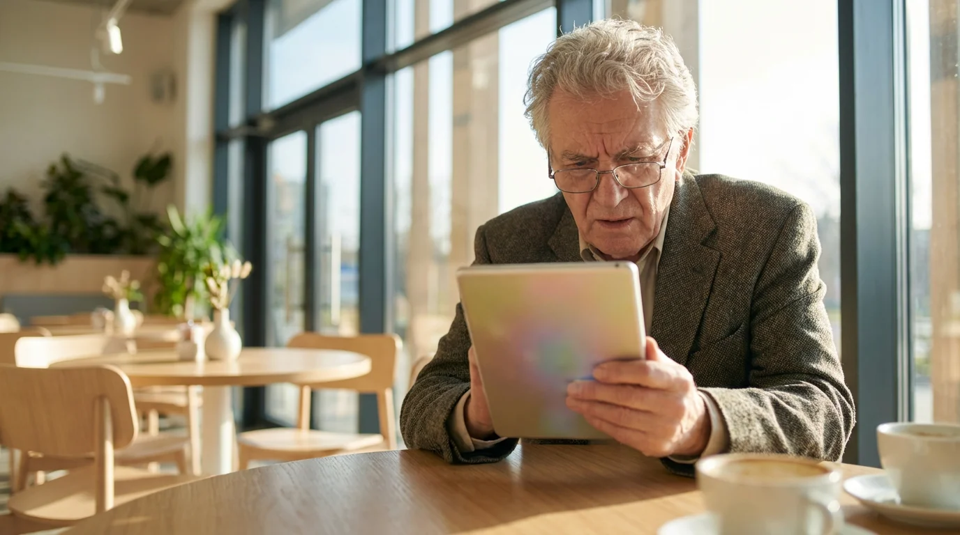 Older man in a bright cafe looking thoughtfully at a digital tablet screen.