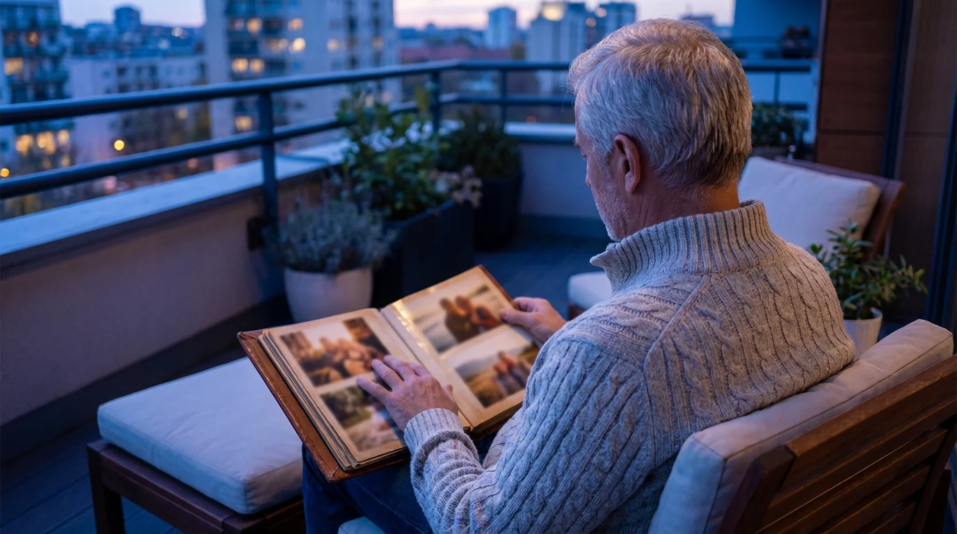 Older man on a balcony at dusk reflecting on photos from his volunteer vacation.