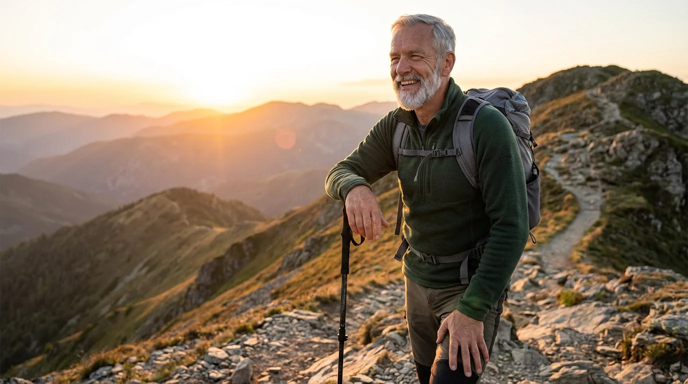 Older man with an ultralight backpack enjoying a golden hour view from a mountain ridgeline.