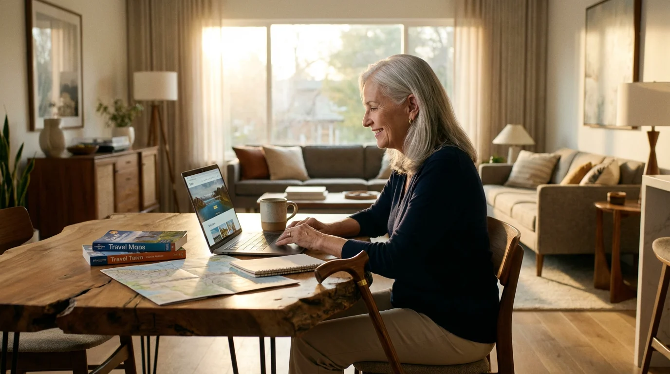 Older woman smiling while using a laptop to plan travel at golden hour.