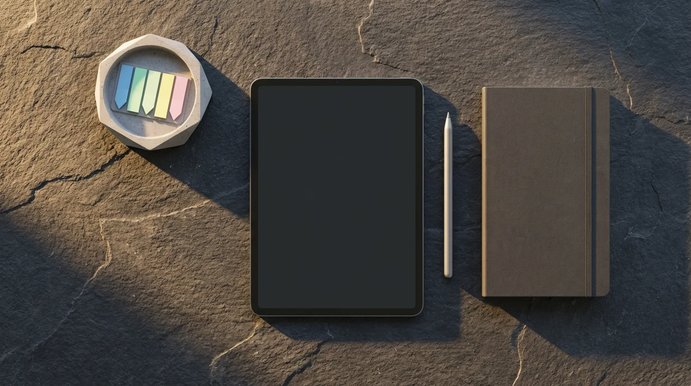 Organized flat lay of a tablet, stylus, and notebook with long afternoon shadows.
